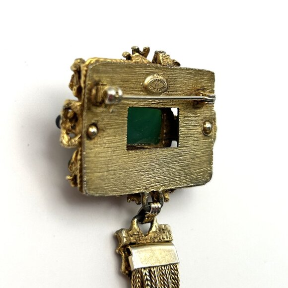 Vintage Kramer of New York Brooch Tassel Faux Jade Cabochon Gold Tone Rare - Picture 13 of 15